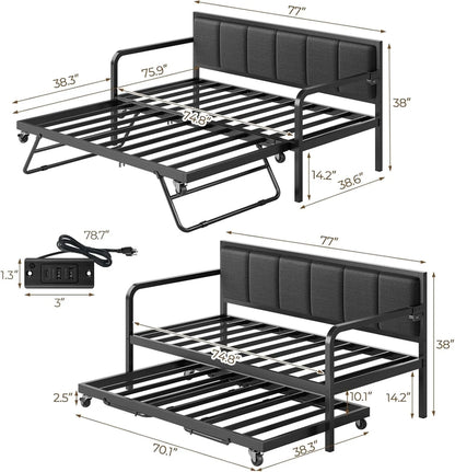 Rolanstar Daybed With Charging Station And LED Lights, Height Adjustable Twin Daybed With Trundle, Metal Sofa Bed Frame With Steel Slat Support