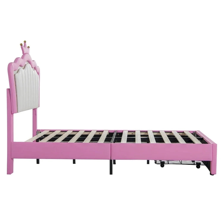 Twin Size Upholstered Bed Frame With LED Lights, Modern Upholstered Princess Bed With Crown Headboard, A Drawer, Pink Plus White