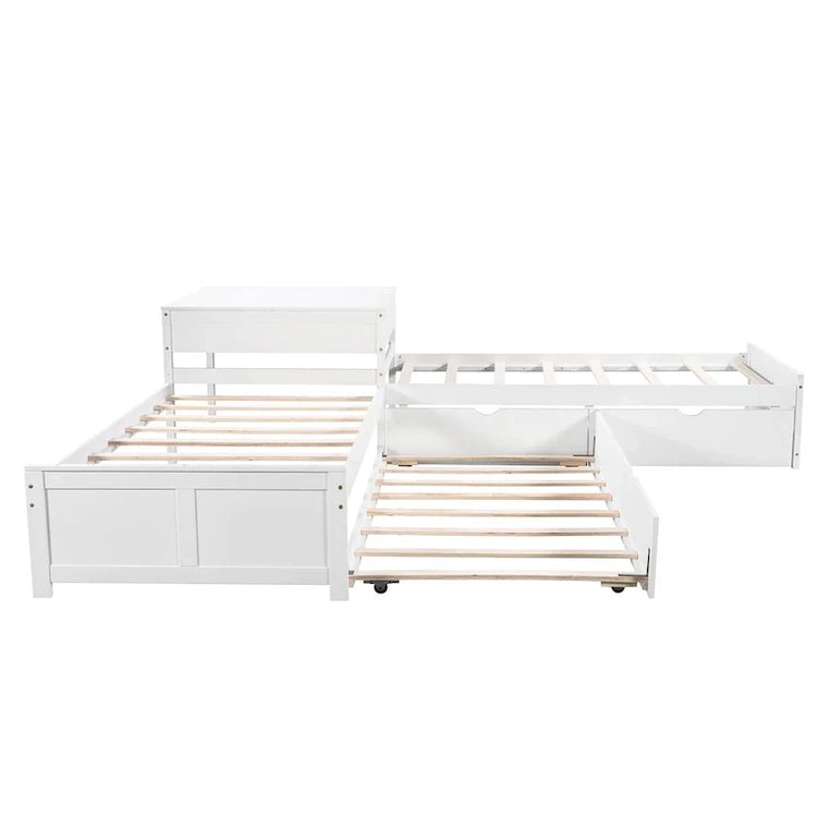 White Modern Twin Size L-Shaped Platform Bed With Trundle And Drawers For Bedroom