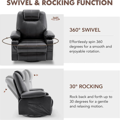 Oversized Swivel Rocker Recliner Chair With Heat And Massage, 360 Degree Swivel Rocking Single Sofa With Cup Holders And USB Port