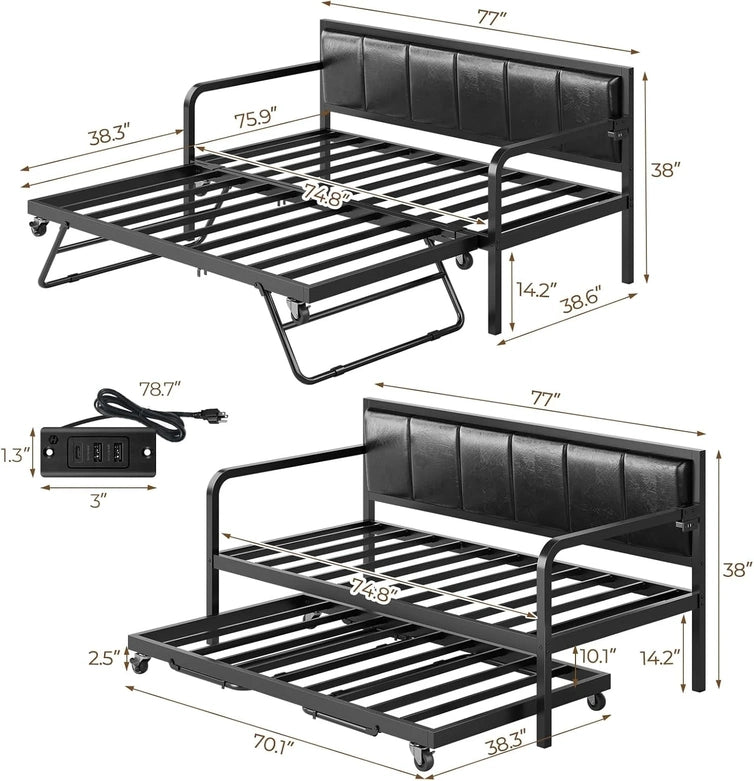 Rolanstar Daybed With Charging Station And LED Lights, Height Adjustable Twin Daybed With Trundle, Metal Sofa Bed Frame With Steel Slat Support