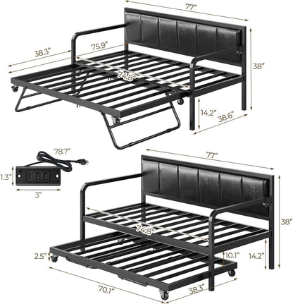 Rolanstar Daybed With Charging Station And LED Lights, Height Adjustable Twin Daybed With Trundle, Metal Sofa Bed Frame With Steel Slat Support