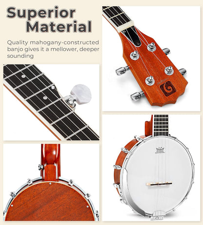 String Banjo 26 In. Mini Travel Banjo Banjo Beginner Kit With Remo Head Open Back And Closed Solid Back With Beginner Kit Comfortable Carrying Bag
