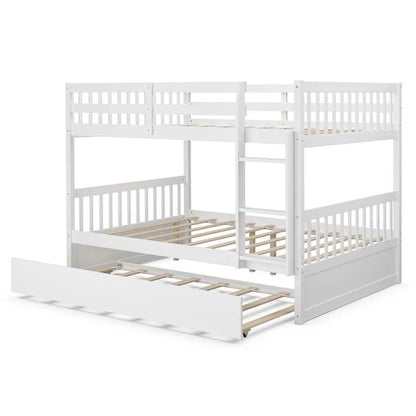 Solid Wood Full Over Full Bunk Bed Frame With Trundle, Safety Ladder And Guardrails, Convertible Bunk Bed For Kids Teens