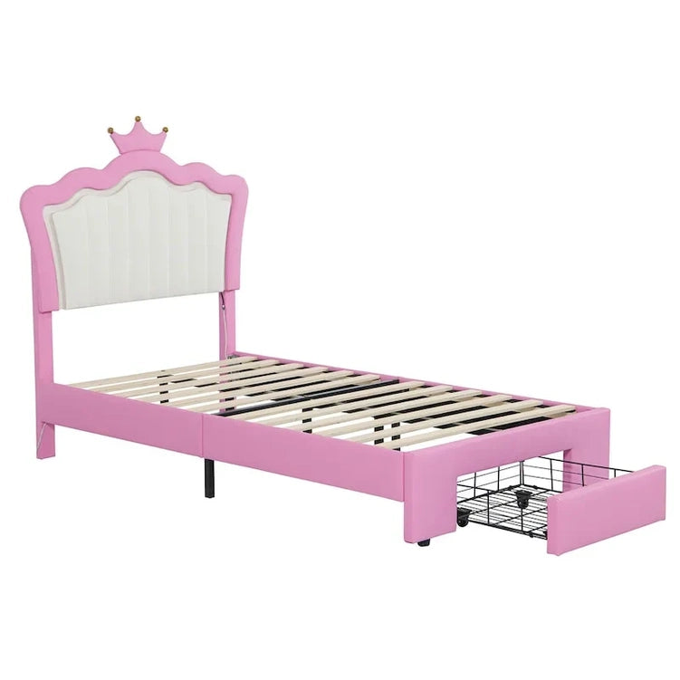 Twin Size Upholstered Bed Frame With LED Lights, Modern Upholstered Princess Bed With Crown Headboard, A Drawer, Pink Plus White
