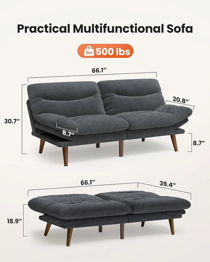 Pipishell Convertible Futon Sofa Bed, 66 In. Corduroy Futon Couch With Adjustable Backrest And Armrests, Recliner Sleeper Sofa For Small Spaces