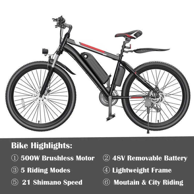 500W Electric Bike 26 In. Electric Bicycle For Adults With Cruise Control System Ebike