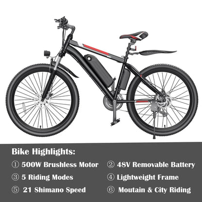 500W Electric Bike 26 In. Electric Bicycle For Adults With Cruise Control System Ebike