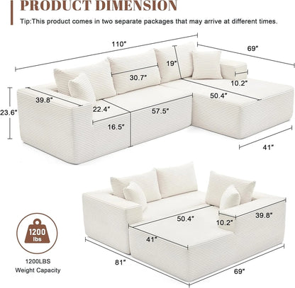 110 Cloud Sectional Couch, Boneless Sofa For Living Room Modular Sectional Sofa With Deep Seat