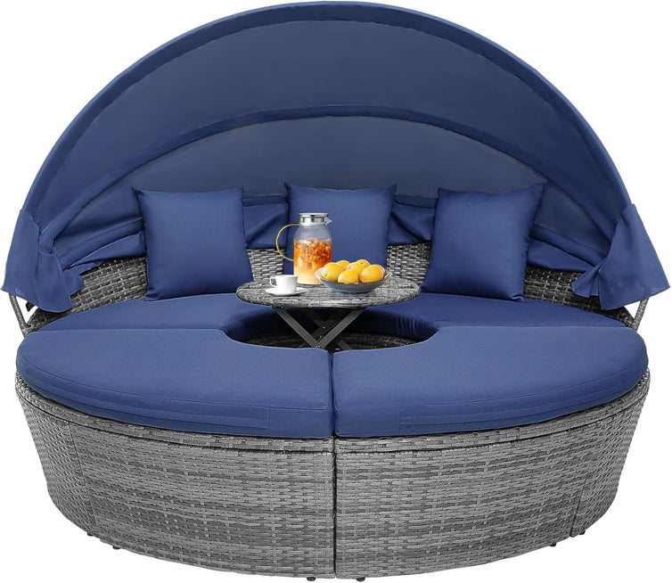Outdoor Daybed, Rattan Round Daybed With Sunshade Canopy, Patio Set With Cushions And Adjustable Coffee Table, Rattan Patio Furniture