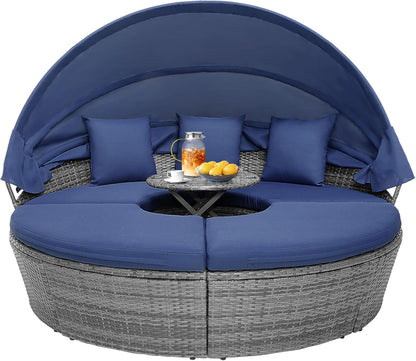 Outdoor Daybed, Rattan Round Daybed With Sunshade Canopy, Patio Set With Cushions And Adjustable Coffee Table, Rattan Patio Furniture