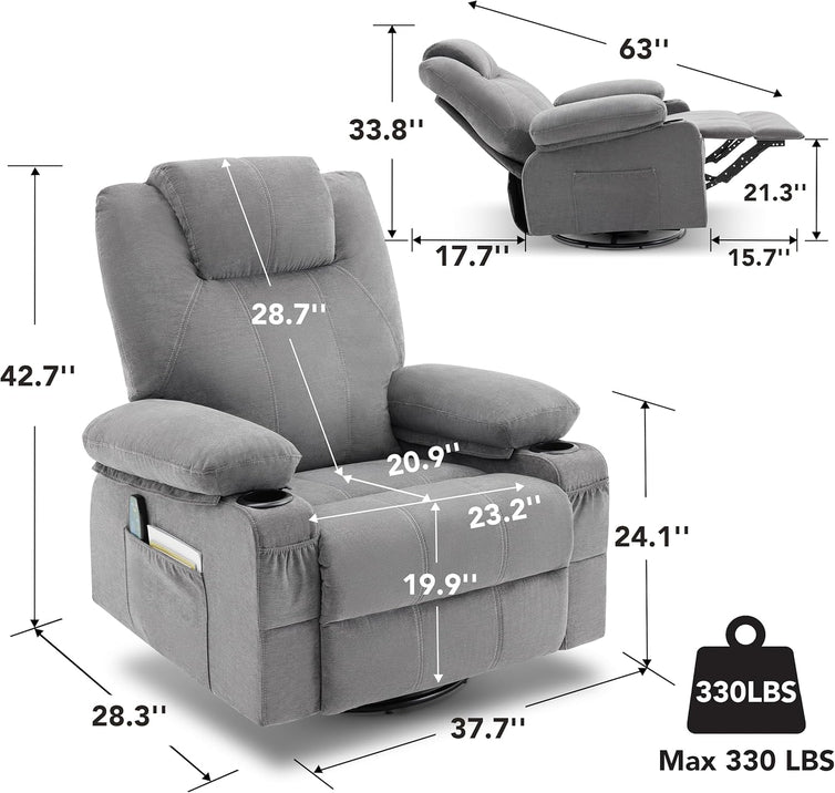 Oversized Swivel Rocker Recliner Chair With Heat And Massage, 360 Degree Swivel Rocking Single Sofa With Cup Holders And USB Port