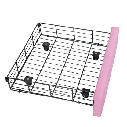 Twin Size Upholstered Bed Frame With LED Lights, Modern Upholstered Princess Bed With Crown Headboard, A Drawer, Pink Plus White
