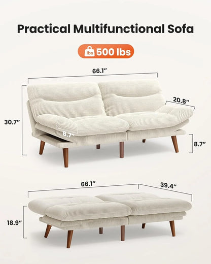 Pipishell Convertible Futon Sofa Bed, 66 In. Corduroy Futon Couch With Adjustable Backrest And Armrests, Recliner Sleeper Sofa For Small Spaces