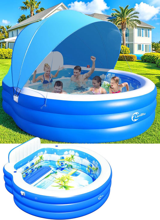 Upgraded Inflatable Pool With Canopy, Inflatable Family Lounge Pool, Round Blow Up Pool For Adult With Bench And Backrest