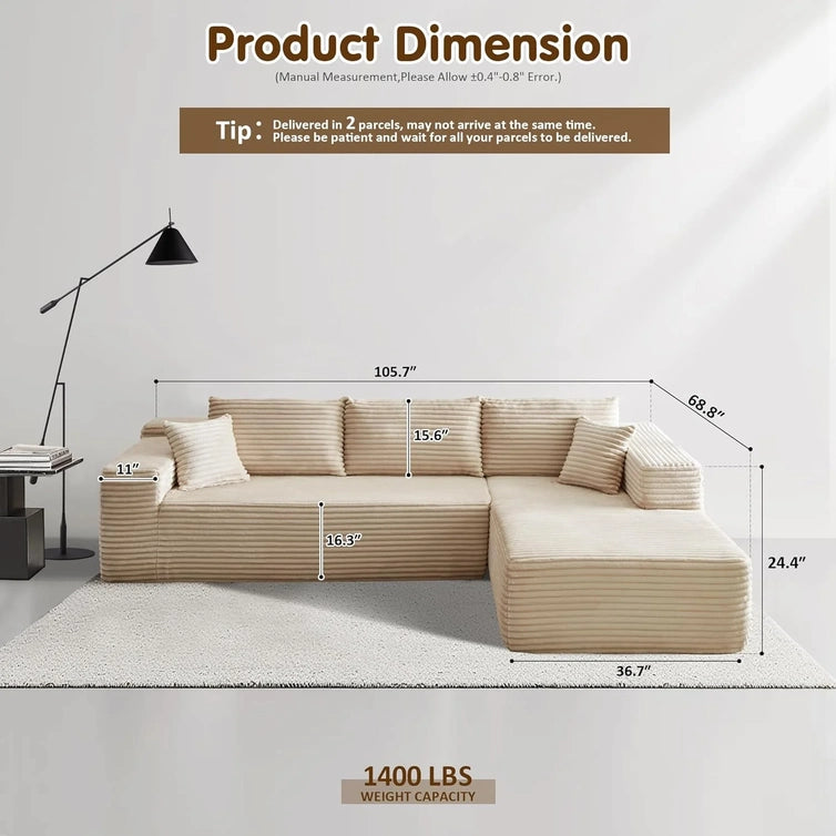 Ovios 104 In. Cloud Sectional Couch With L-Shape Chaise, Modern Modular Sofa With Deep Seat, Upholstered Couches For Living Room Bedroom