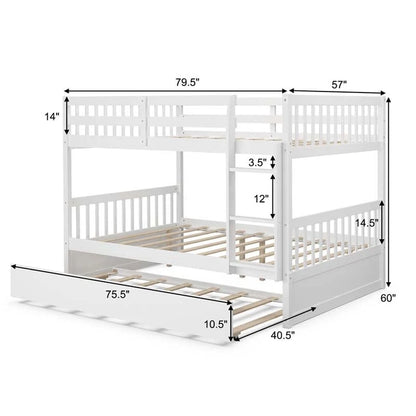 Solid Wood Full Over Full Bunk Bed Frame With Trundle, Safety Ladder And Guardrails, Convertible Bunk Bed For Kids Teens
