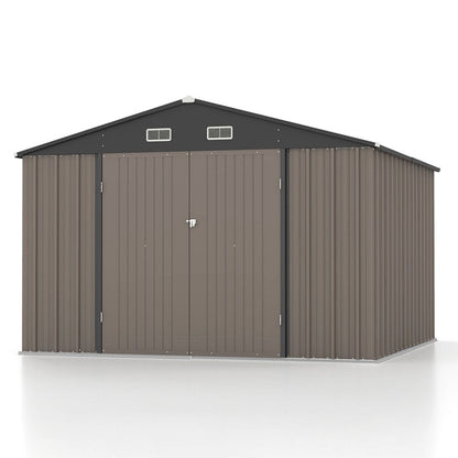 Patiowell 10 x 10 Ft. Metal Storage Shed, Sloping Roof, Double Lockable Doors, Galvanized Steel, Coffee Brown