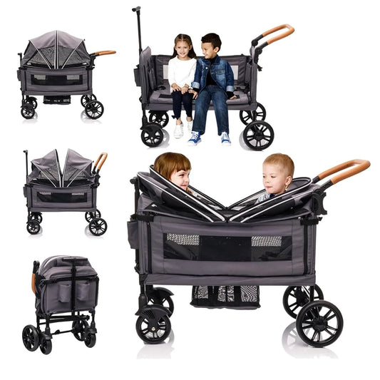 Wagon Stroller For 2 Kids And Cargo-Travel Stroller Push-Pull Double Wagon Lightweight Folding Stroller For Newborn And Toddler With 5-Point