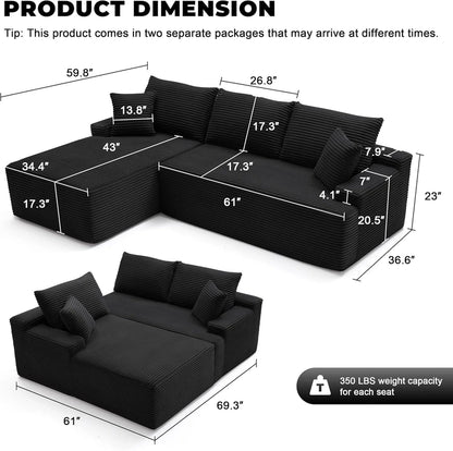 110 Cloud Sectional Couch, Boneless Sofa For Living Room Modular Sectional Sofa With Deep Seat