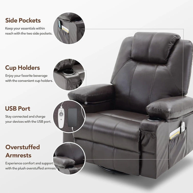 Oversized Swivel Rocker Recliner Chair With Heat And Massage, 360 Degree Swivel Rocking Single Sofa With Cup Holders And USB Port