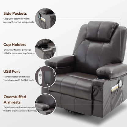Oversized Swivel Rocker Recliner Chair With Heat And Massage, 360 Degree Swivel Rocking Single Sofa With Cup Holders And USB Port