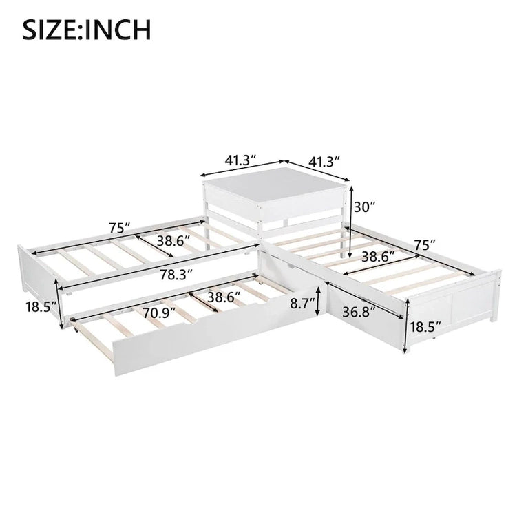 White Modern Twin Size L-Shaped Platform Bed With Trundle And Drawers For Bedroom