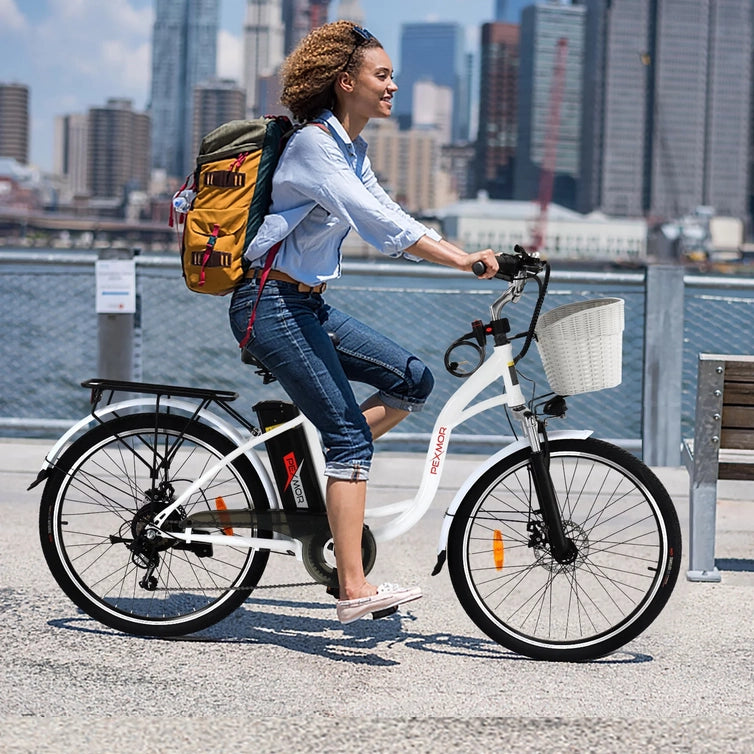 Pexmor Electric Bike For Adults 350W, Peak 500W City Commuter Ebike 36V 12.5Ah Removable Battery 26 In. Cruiser Electric Bicycle Shimano 6-Speed