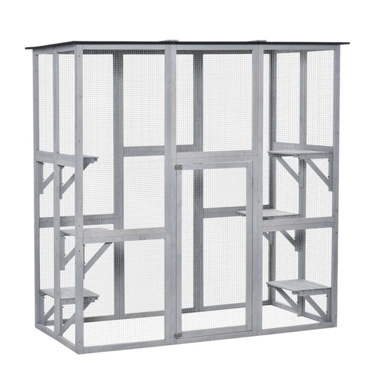 PawHut Wooden Catio Enclosure With Weather Protection, 6 Platforms, Outdoor, Large, 71 In. x 38.5 In. x 71 In