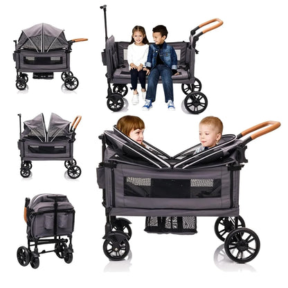 Wagon Stroller For 2 Kids And Cargo-Travel Stroller Push-Pull Double Wagon Lightweight Folding Stroller For Newborn And Toddler With 5-Point