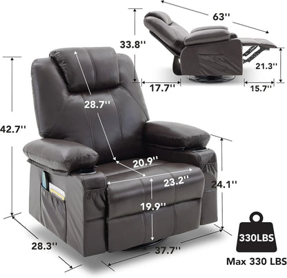 Oversized Swivel Rocker Recliner Chair With Heat And Massage, 360 Degree Swivel Rocking Single Sofa With Cup Holders And USB Port