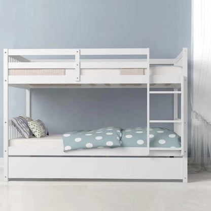 Solid Wood Full Over Full Bunk Bed Frame With Trundle, Safety Ladder And Guardrails, Convertible Bunk Bed For Kids Teens