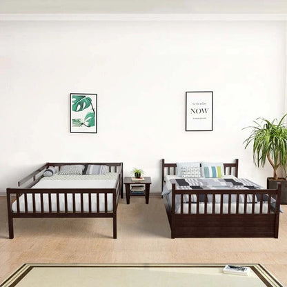 Solid Wood Full Over Full Bunk Bed Frame With Trundle, Safety Ladder And Guardrails, Convertible Bunk Bed For Kids Teens