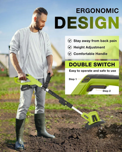 Saker 22V Cordless Electric Garden Tiller Cultivator, Lightweight Rototiller For Gardening, 9-Inch Tilling Width
