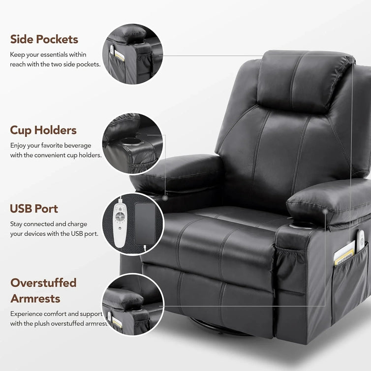 Oversized Swivel Rocker Recliner Chair With Heat And Massage, 360 Degree Swivel Rocking Single Sofa With Cup Holders And USB Port