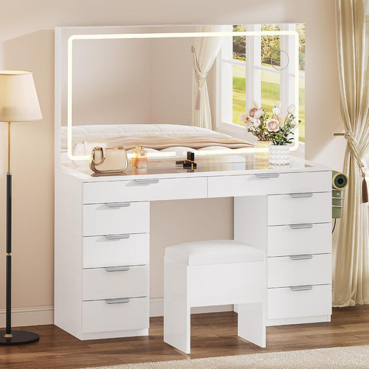 Yitahome Vanity Set With LED Mirror, 10 Drawers, Stool Included