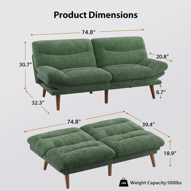 Pipishell Convertible Futon Sofa Bed, 66 In. Corduroy Futon Couch With Adjustable Backrest And Armrests, Recliner Sleeper Sofa For Small Spaces