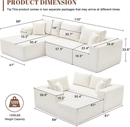 110 Cloud Sectional Couch, Boneless Sofa For Living Room Modular Sectional Sofa With Deep Seat
