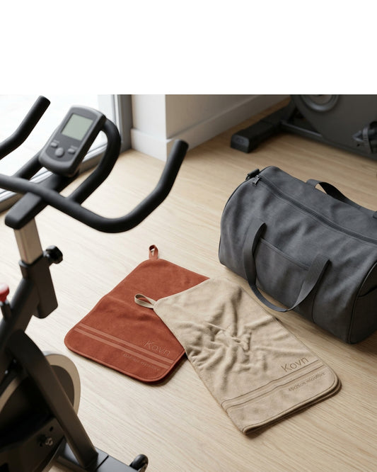 Kovn Compact Sports Towel Pair 45 x 25 cm Rust and Sand - Lifestyle view